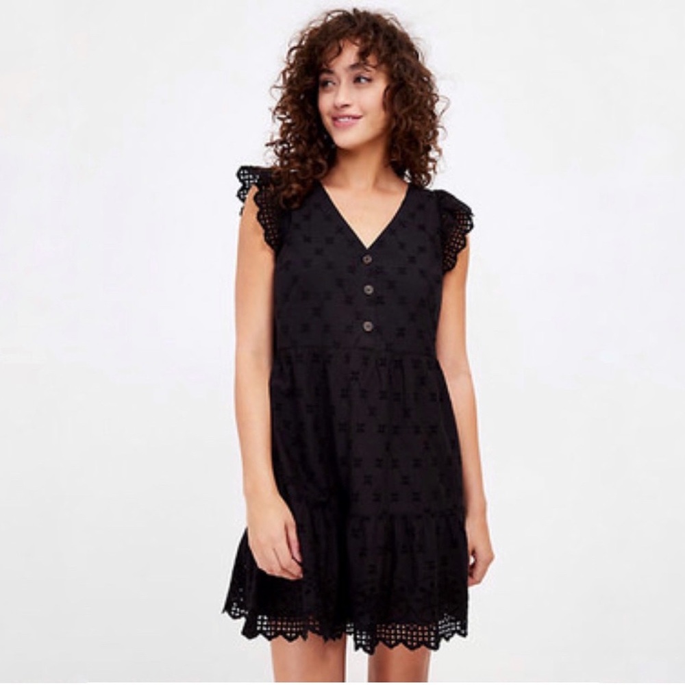LOFT Black Eyelet Flutter Sleeves Tiered Swing Dress